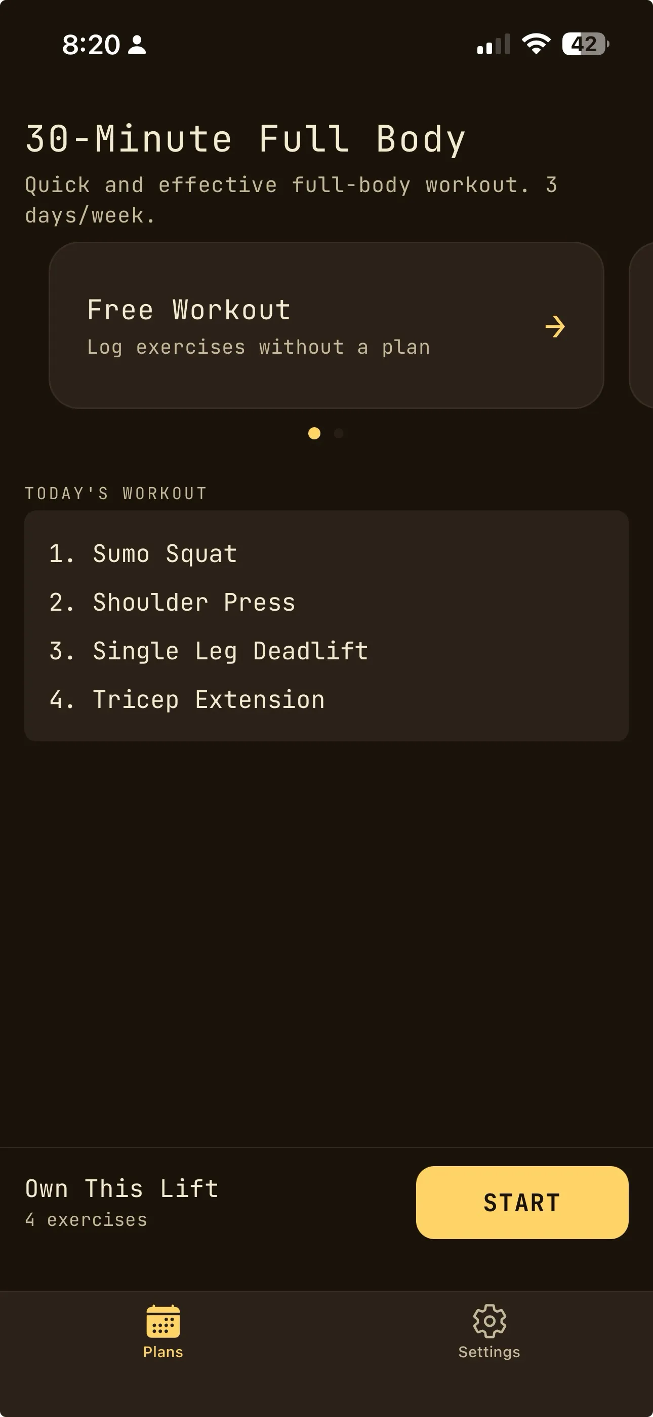 OwnLift Simple Mode interface showing beginner-friendly workout tracking screen with essential features only