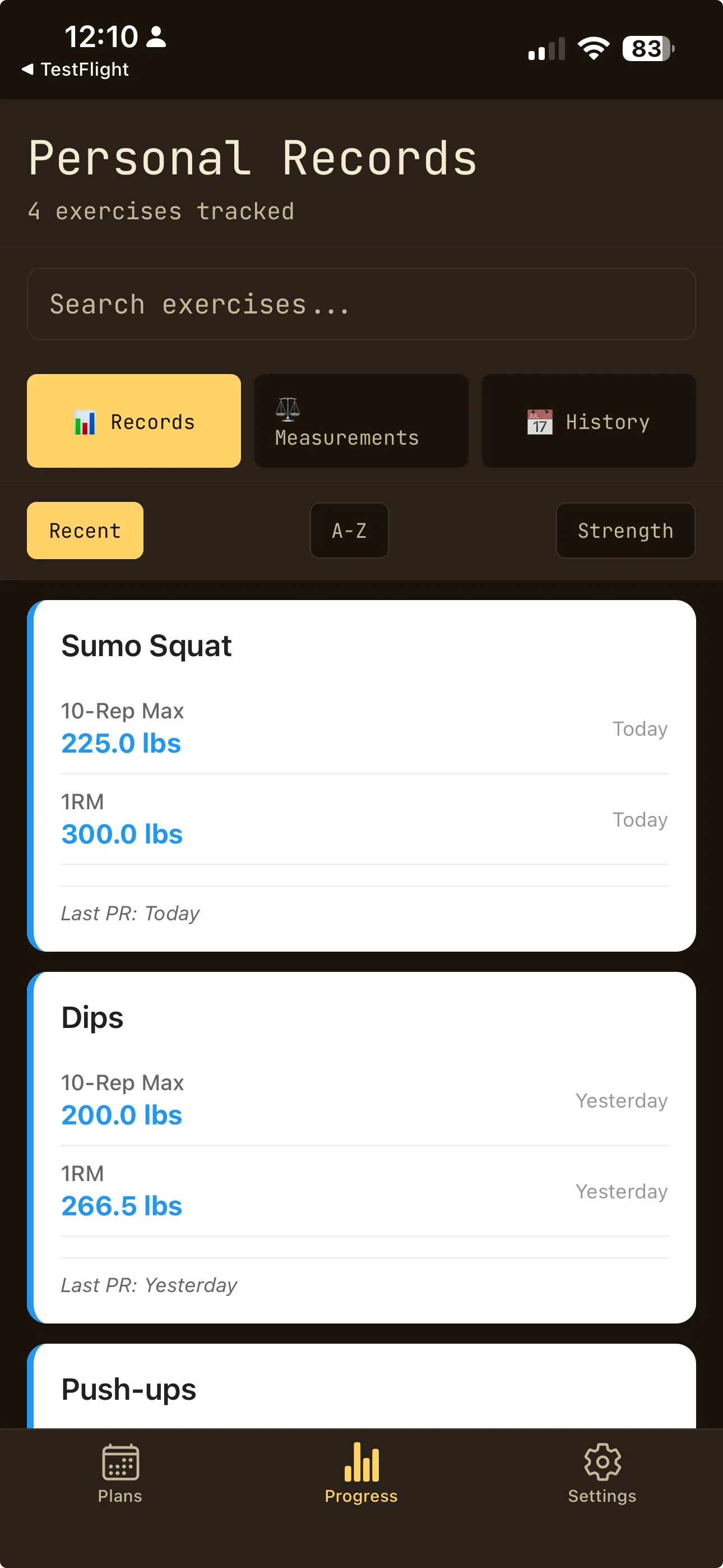 OwnLift app showing automatic personal records list with exercise names, best weights, and privacy-first tracking