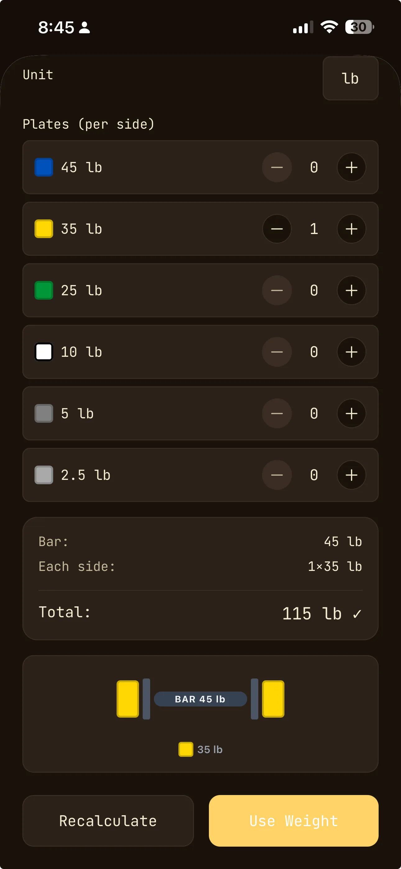 OwnLift plate calculator showing barbell loading diagram and weight configuration for 115 lb total