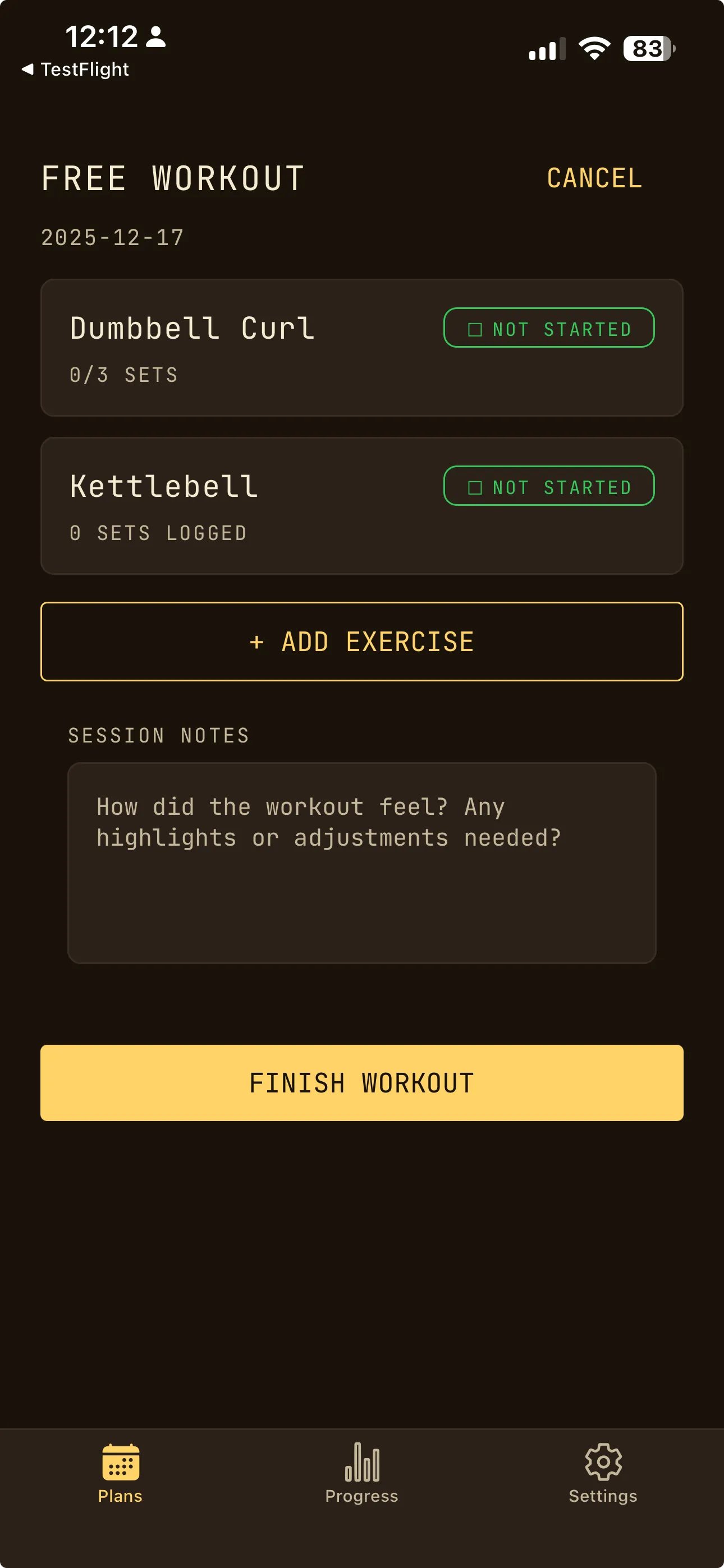 OwnLift app showing flexible free workout mode for unplanned training sessions