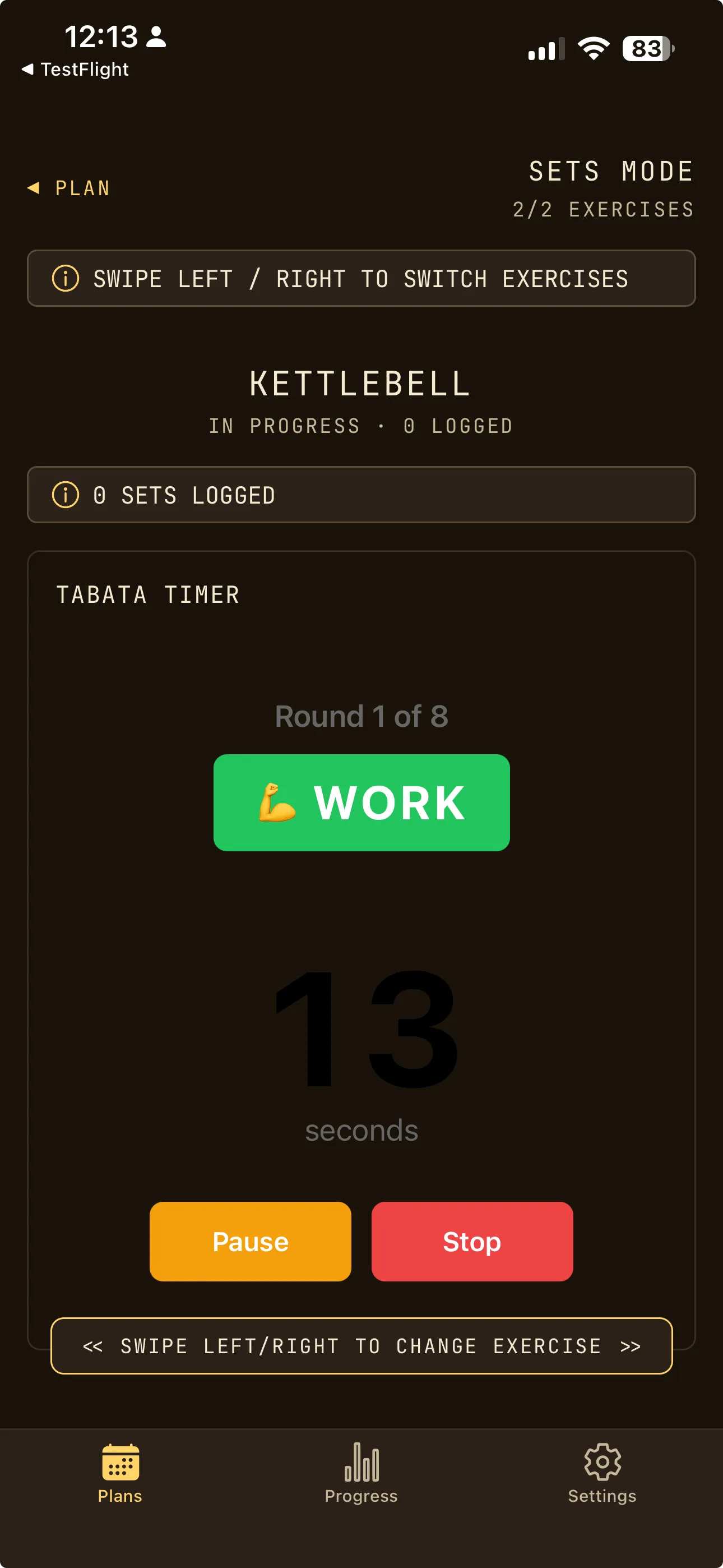 OwnLift app showing built-in Tabata interval timer with audio cues and no ads